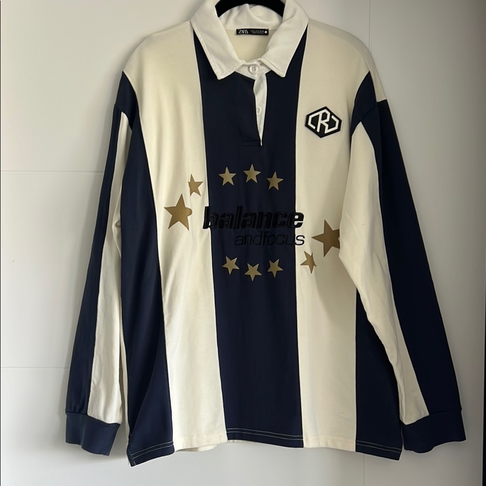 Zara Black and White Striped Long Sleeve Polo Shirt size L